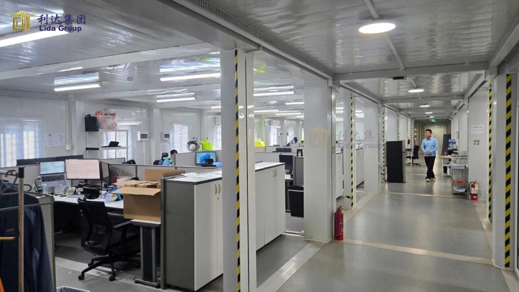 Prefabricated container office interior layout with LED lighting